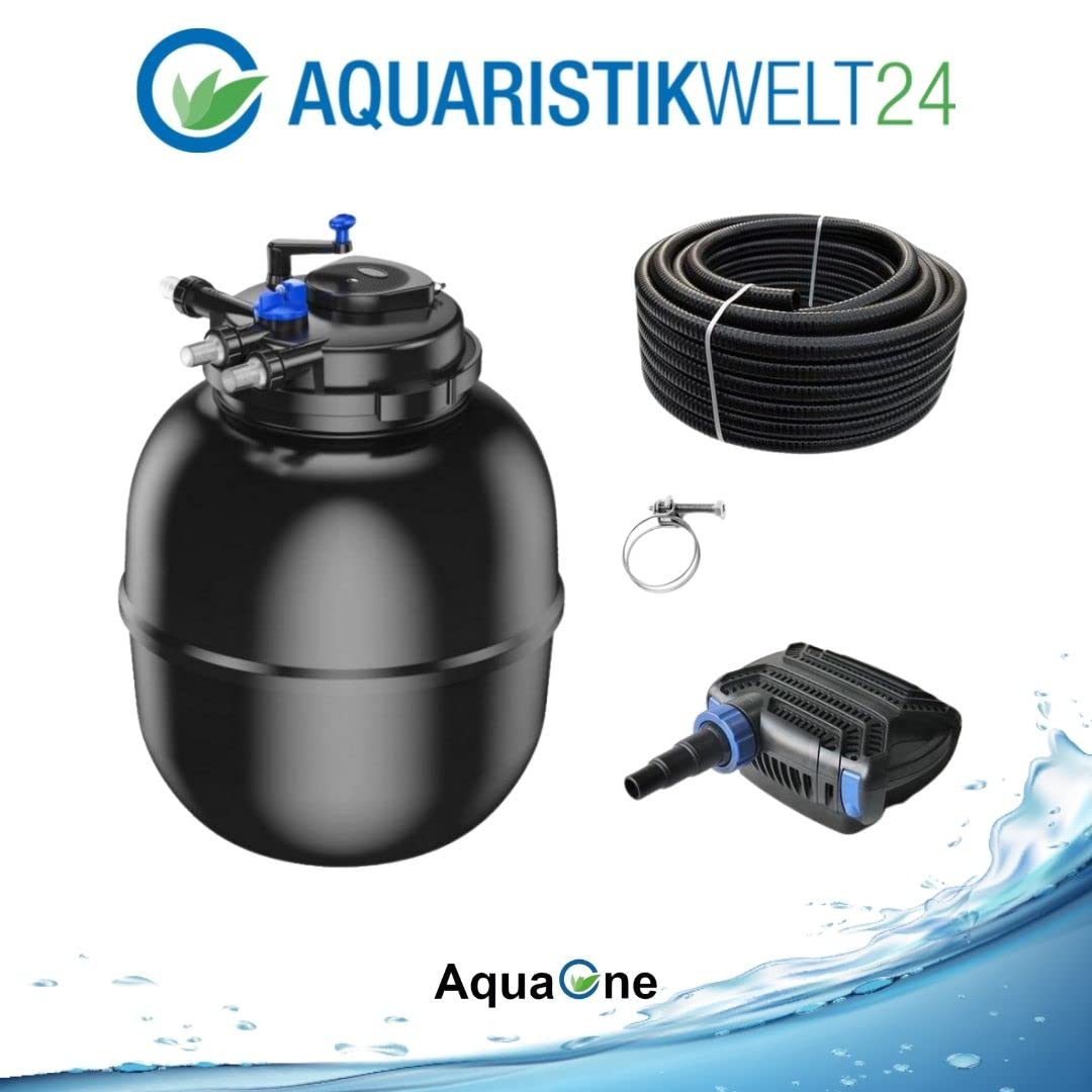 AquaOne Zestaw filtrów do oczka wodnego z pompą do stawu, pompa filtrująca CPF-75000 do stawu o pojemności do 100 000 litrów, kompletny zestaw z lampą UV, pompa Eco 100 W, wąż do stawu nr 61