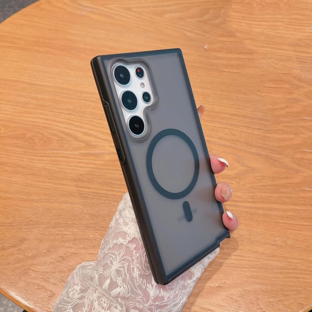 Coque de luxe Samsung S23 Plus en finition givrée grise transparente avec induction magnétique
