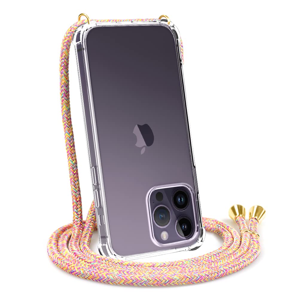 CAROKI Crossbody Case for iPhone 14 Pro,Necklace Mobile Phone Cover with Cord Strap Clear Transparent TPU Soft iPhone 14 Pro Cover Holder with Neck Cord Lanyard Strap-Rainbow