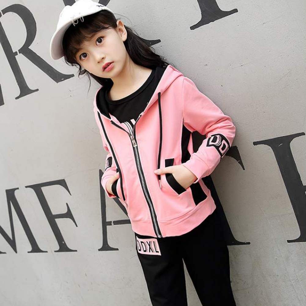 Niñas Chándal Estampado Traje Deportivo 3 Piezas Traje de Jogging Chaqueta con Capucha + Camiseta + Pantalones