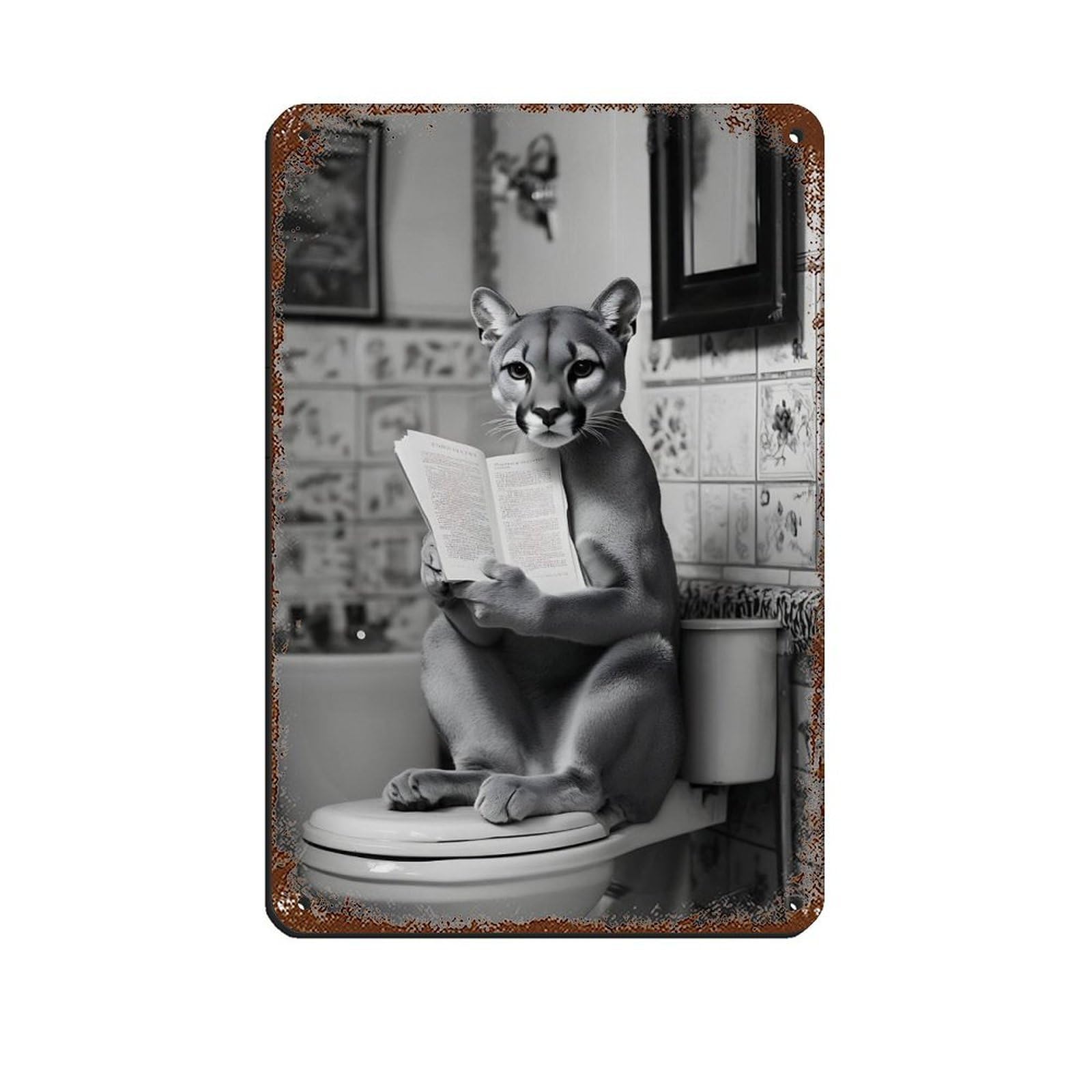 Whimsical Bathroom Cougar Reading Retro Poster Metal Tin Sign Chic Art Retro Iron Painting Bar People Cave Cafe Family Garage Poster Wall Decoration 8x12inch(20x30cm)
