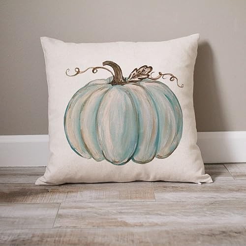 Miniatura 4 de Juego de 2 fundas de almohada decorativas de otoño de 20 x 20 pulgadas, fundas de cojín de calabaza azul claro, lino sintético, granja, Acción de