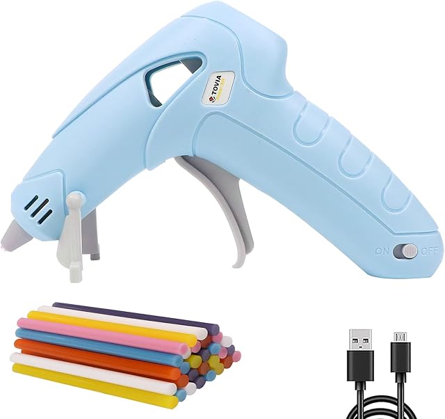T TOVIA Cordless Hot Melt Glue Gun, Mini Glue Gun Low Temp with 30Pcs Glue Sticks Rechargeable Battery Operated Glue Gun Kid for DIY Art Craft Gift Home Quick Repairs School Festival Decoration, Blue