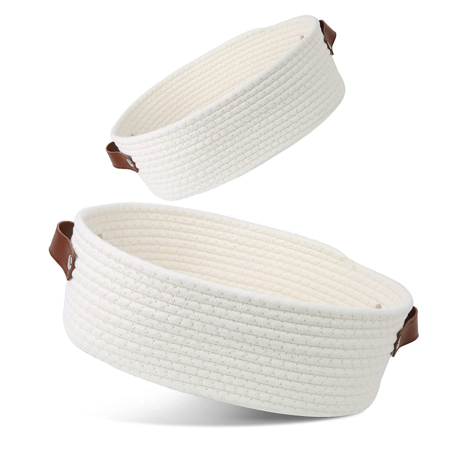 OFRANK Small Woven Basket for Storage Oval Rope Coil Baskets with Handle Mini Cotton Basket Little Organizer Bins Boho Hamper Nursery Room for Kids Baby Dog Toy Gifts 35x26x12cm, 1 Pack (White)