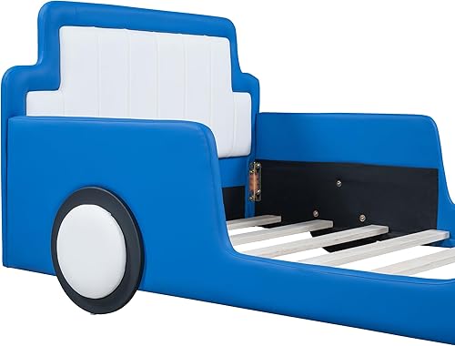 Miniatura 26 de Cama de plataforma clásica en forma de automóvil con ruedas, cama de automóvil de tamaño matrimonial con soporte de listones de madera, marco de