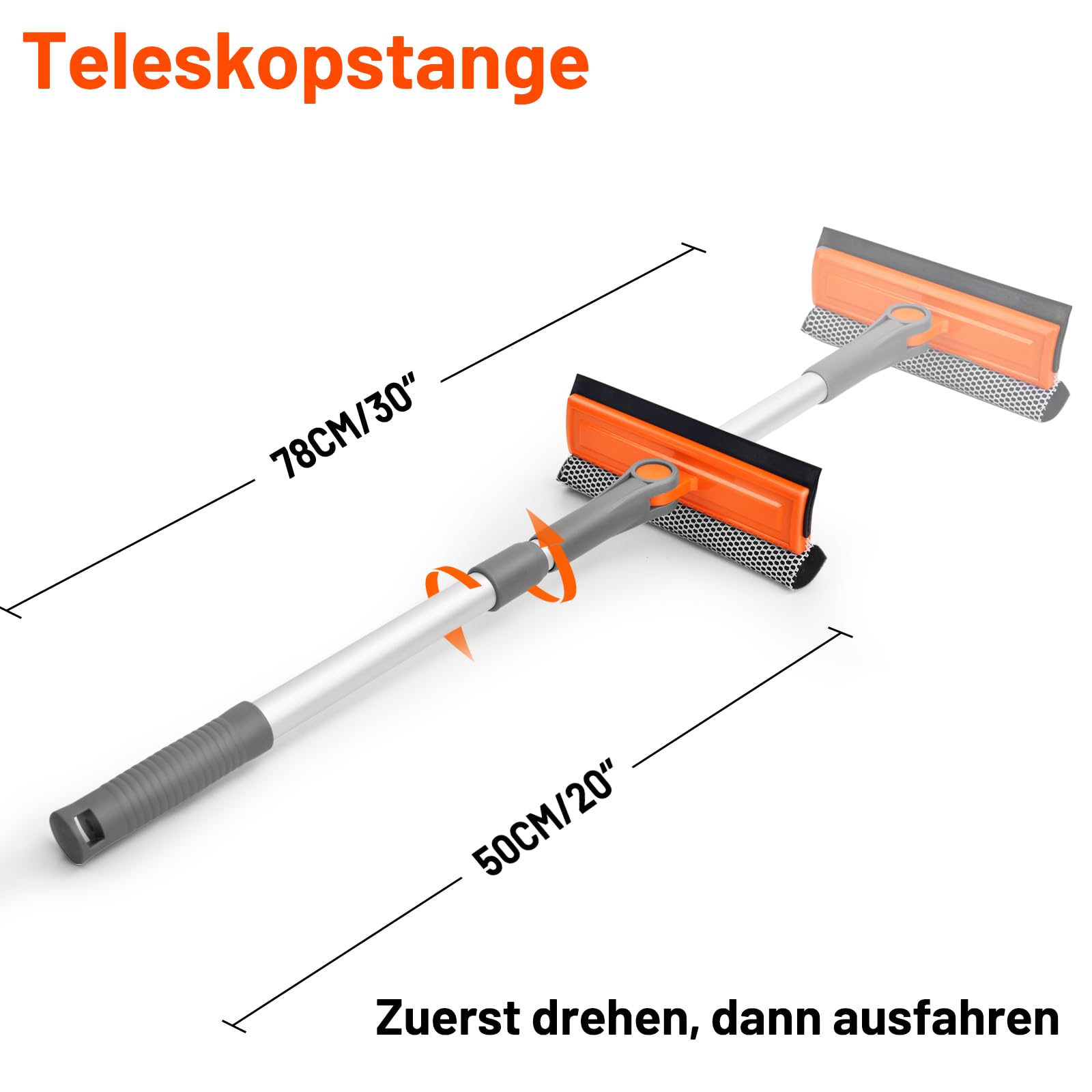 Eazer Fensterputzer & Fensterabzieher,2-in-1 drehbares Kombi-Set mit Teleskopstange (51-77 cm) für Fenster, Dusche und Auto-Windschutzscheibe