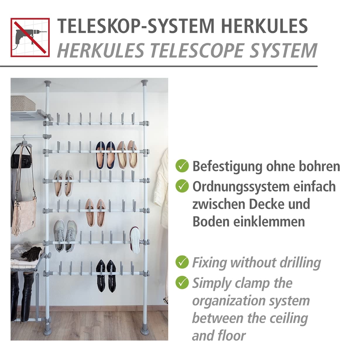Wenko Porta scarpe telescopico Herkules Shoes - sistema regolabile di organizzazione, scaffale per scarpe, Acciaio, 94 x 165-300 x 9 cm, Bianco