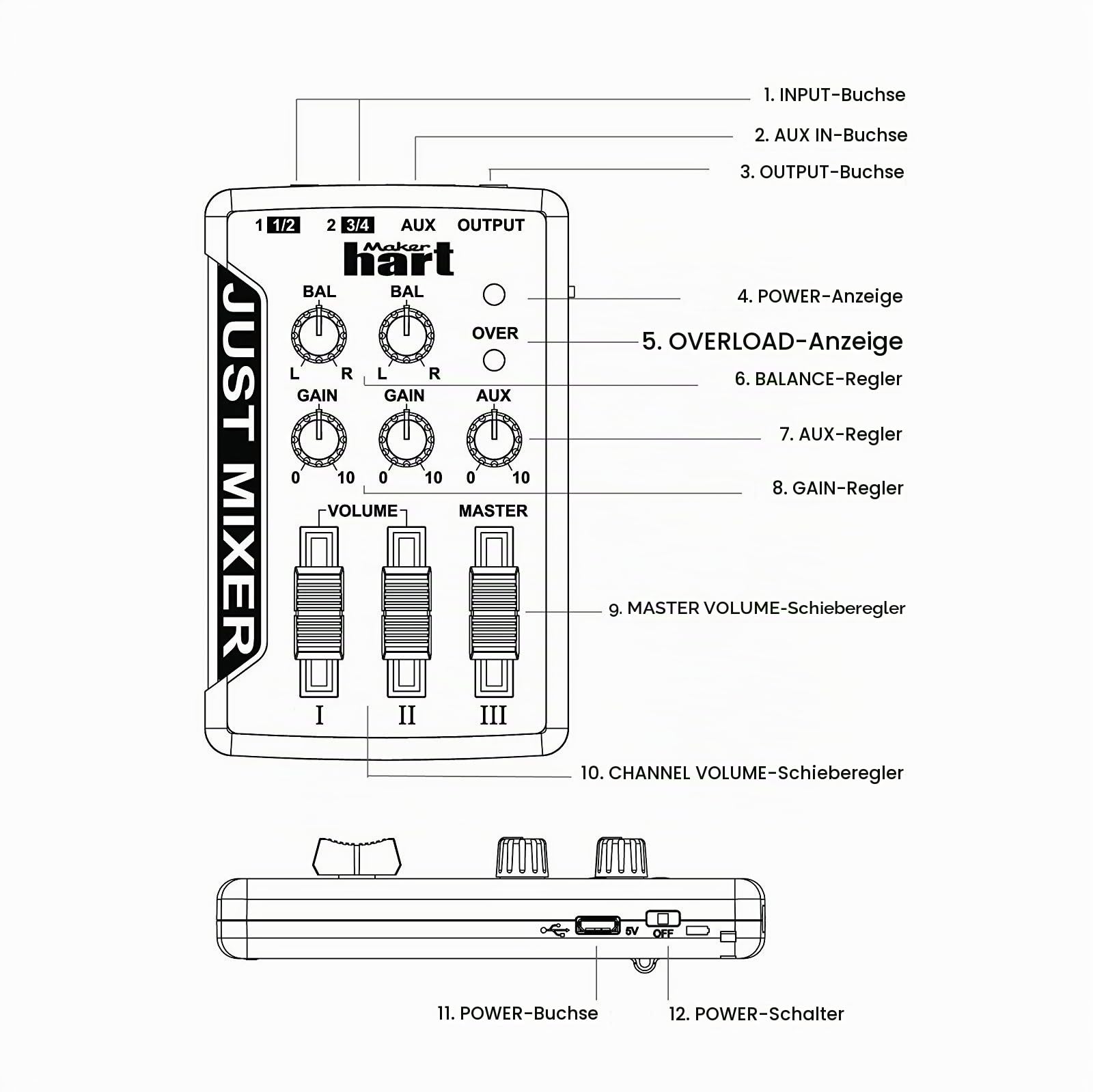 JUST MIXER Audio Mischpult - Batterie-/USB-betriebenes Tragbares Taschen-Audio Mischer mit 3 Stereokanälen (3,5mm) Mit Ein/Aus Schalter (Orange)