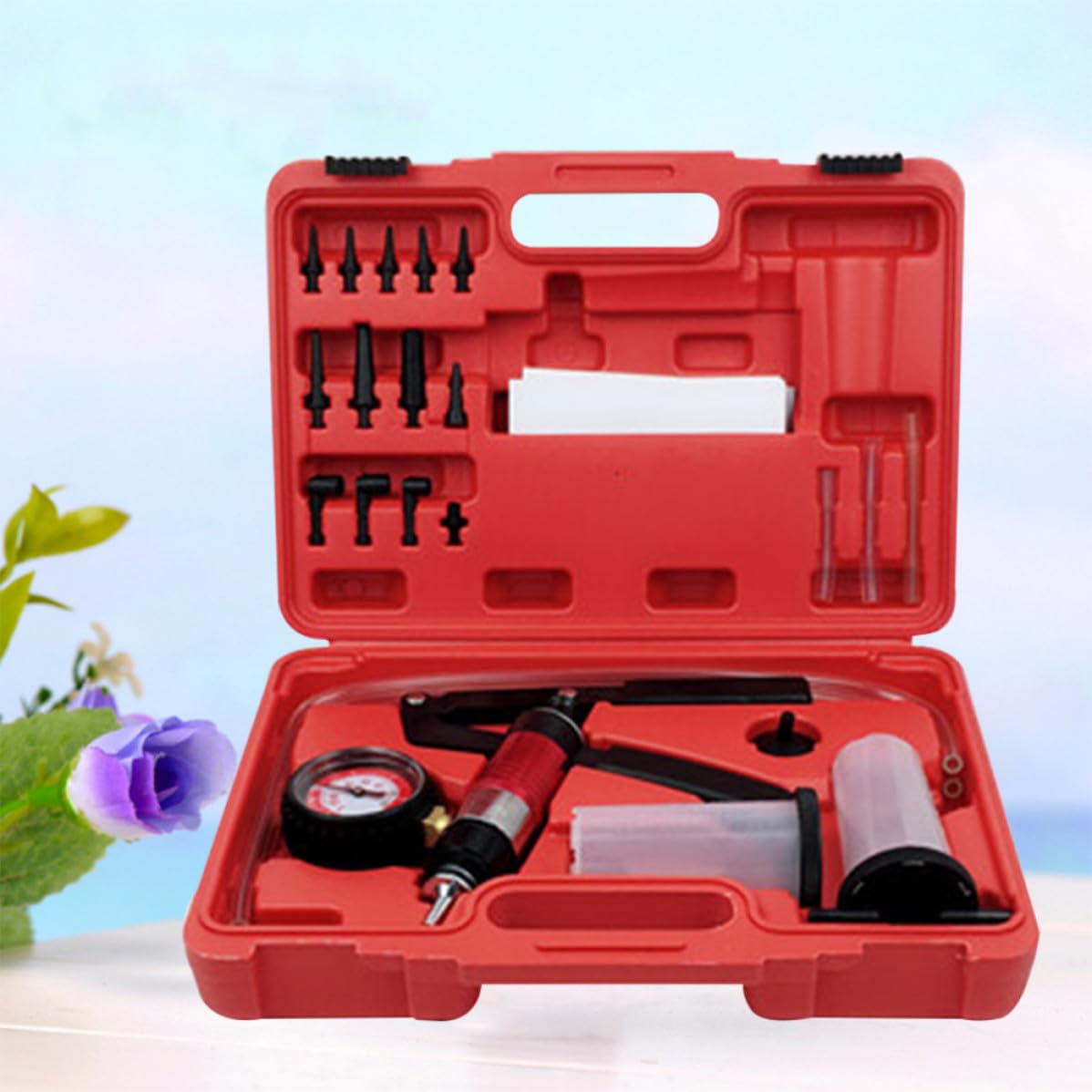Kit Pompa Sottovuoto Manuale per Spurgo Freni Manometro Rosso | Lega, Serbatoio e Adattatore Inclusi, per Linee Carburante e Sistemi a Vuoto, Uso Officina