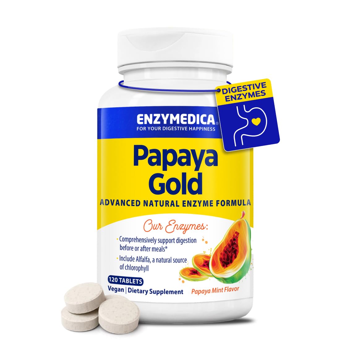 Papaya Gold, Advanced Digestive Enzymes with Natural Organic Papaya & Chlorophyll for Comprehensive Digestion Support, High Potency Bromelain & Papain, Vegan, Mint, 120 Chewable Tablets
