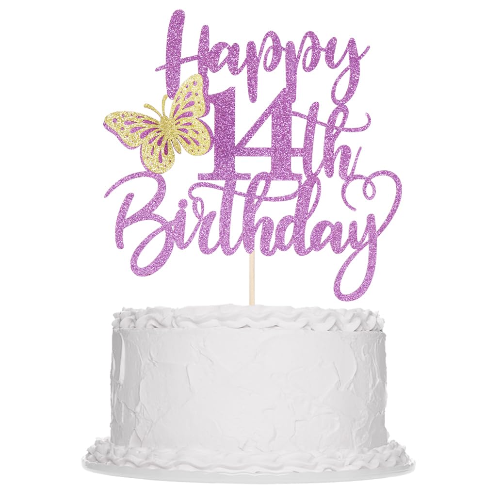 Sleyberoy 3D Glitter Butterfly Happy 14th Birthday Cake Topper,Fourteen Birthday Anniversary Party,Butterfly theme party Cake Decor (14th)