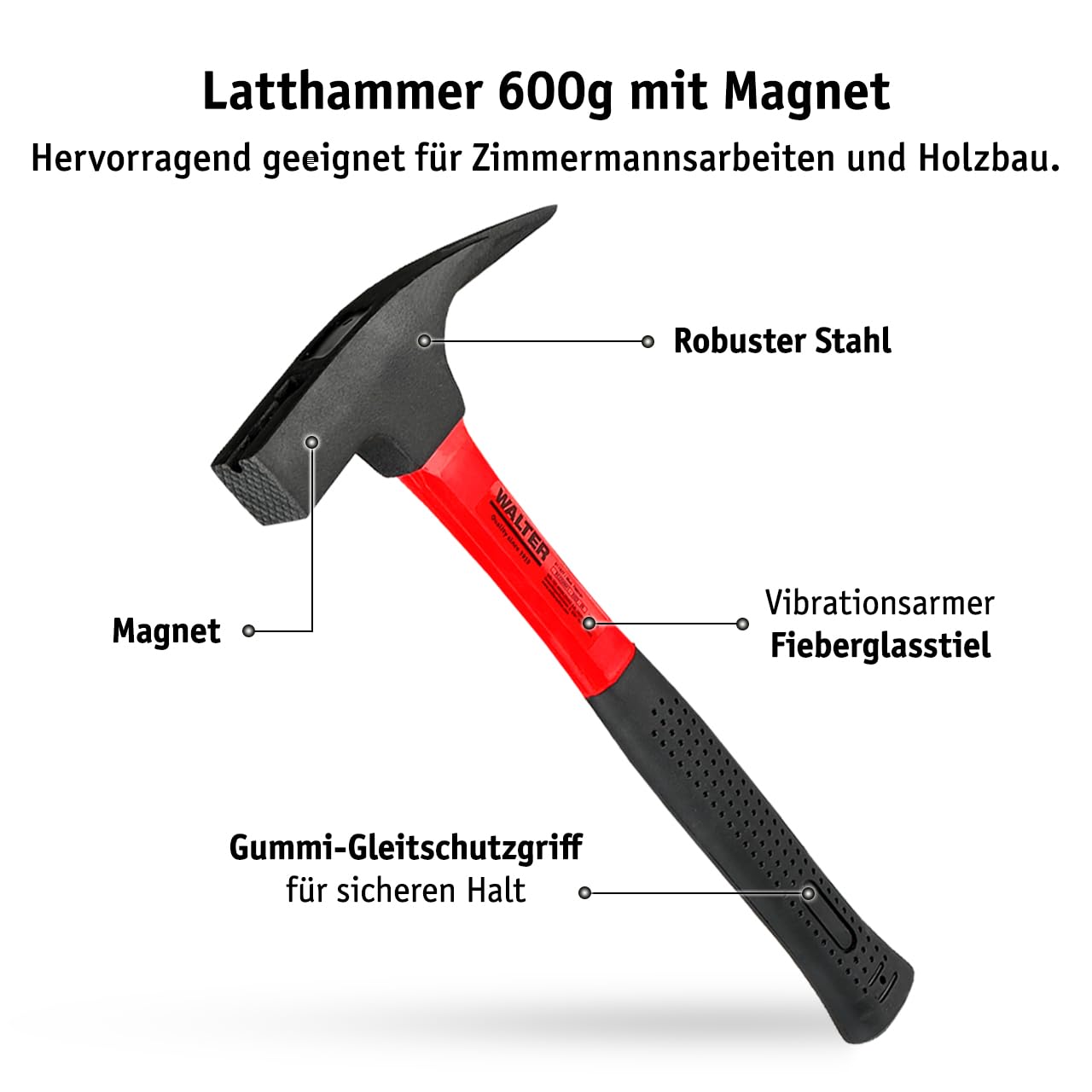 WALTER Hammerset 4tlg., Latthammer mit Magnet, Schlossniethammer, Handfäustel und Gummischonhammer mittelhart, Gleitschutzgriffe für rutschfeste Handhabung, Griff und Kopf mit Kunstharz vergossen