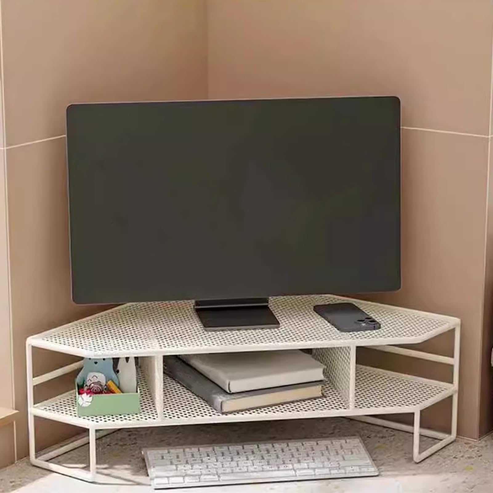 Stojak na Monitor Stojak do Przechowywania Monitora z Podnośnikiem Żelaznym na Biurko, Uchwyt Organizera Biurowego na Ekran Monitora, Podwójny Stojak Narożny na Komputer Może Być Wentylowany(White,S)