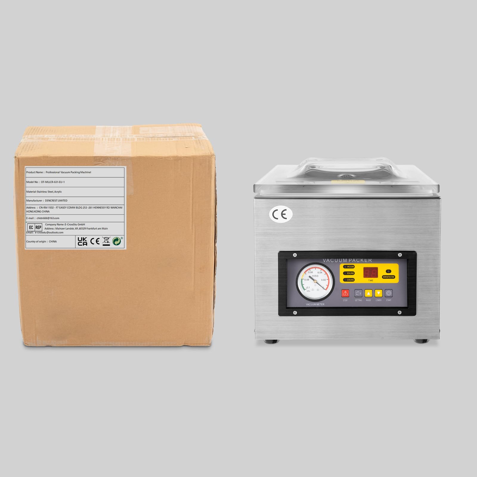 Sellador al Vacío, 120 W Envasadora al vacío profesional de acero, Acero Inoxidable, 33x26cm de Máx. Alimentos, Supermercados, Tiendas de Postres