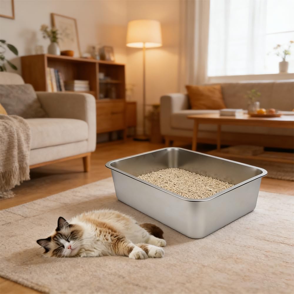 2PCS 17.5×13.5×6 Inch Stainless Steel Cat Litter Box - Medium Non-Stick Rust-Proof Metal Litter Pan, Easy to Clean Non-Smell Indoor Litter Tray for Kitty/Kitten/Cat/Rabbits