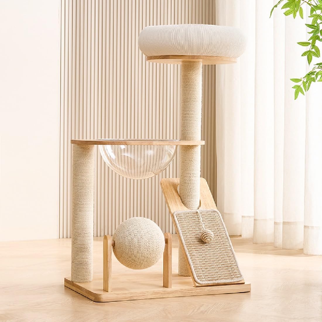 Multifunctional Cat Tree, Wooden Cat Tower with Scratching Post, Pad, Rolling Ball, Space Capsule, Perche Indoor Activity Center for Kitten