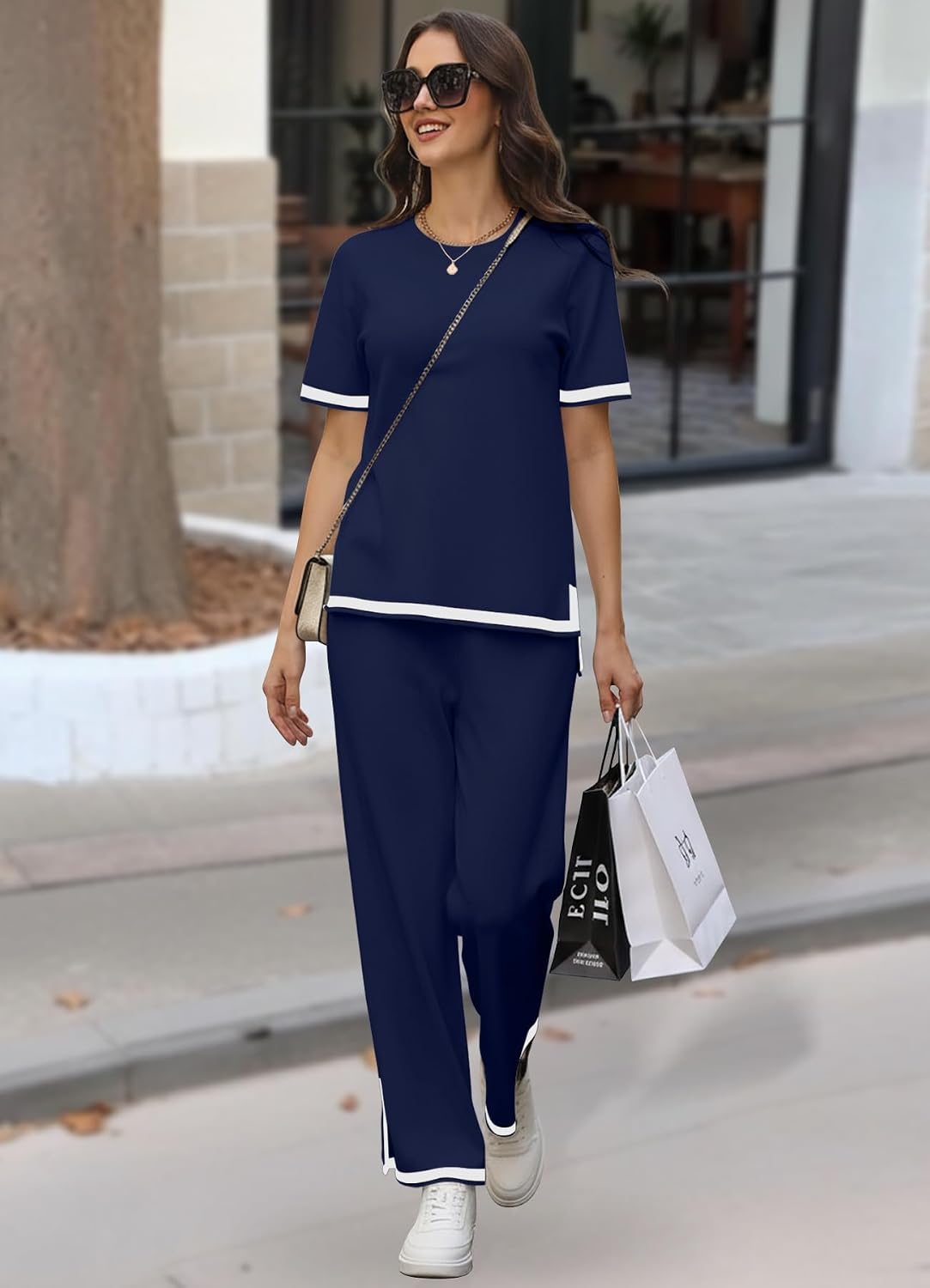 KUOTAI Women's 2 Piece Outfits Summer Lounge Sets Short Sleeve Knit Top Wide Leg Pants Matching Set Casual Travel Outfit