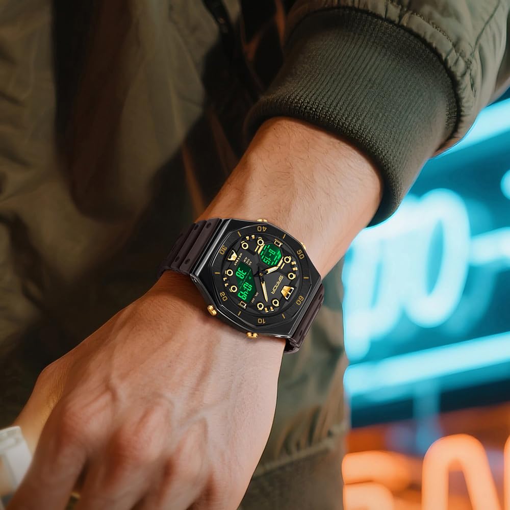 Gosasa Orologio sportivo da uomo, con doppio display, impermeabile, 5 atm, analogico, digitale, con luce notturna, cronometro, conto alla rovescia, sveglia, ora mondiale, cinturino in TPU