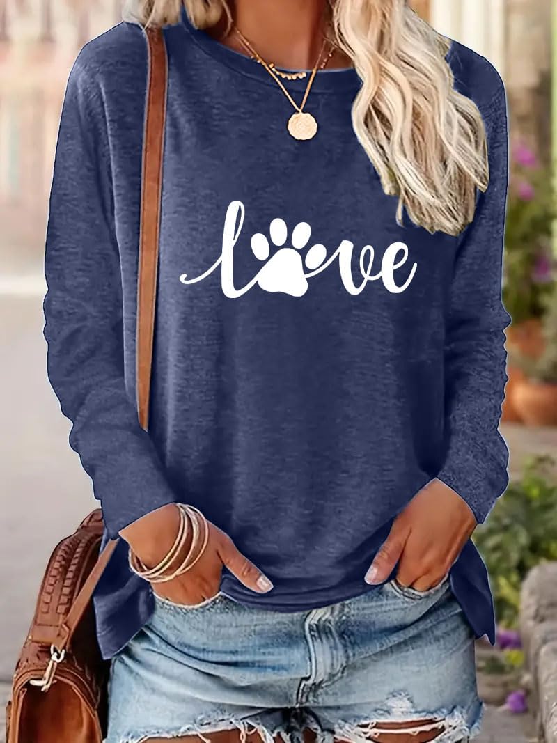Women's Dog Mom Shirt Cat and Dog Paw Pattern O Neck Long Sleeve Gift Girls Heart Shaped T-Shirt - Image 3