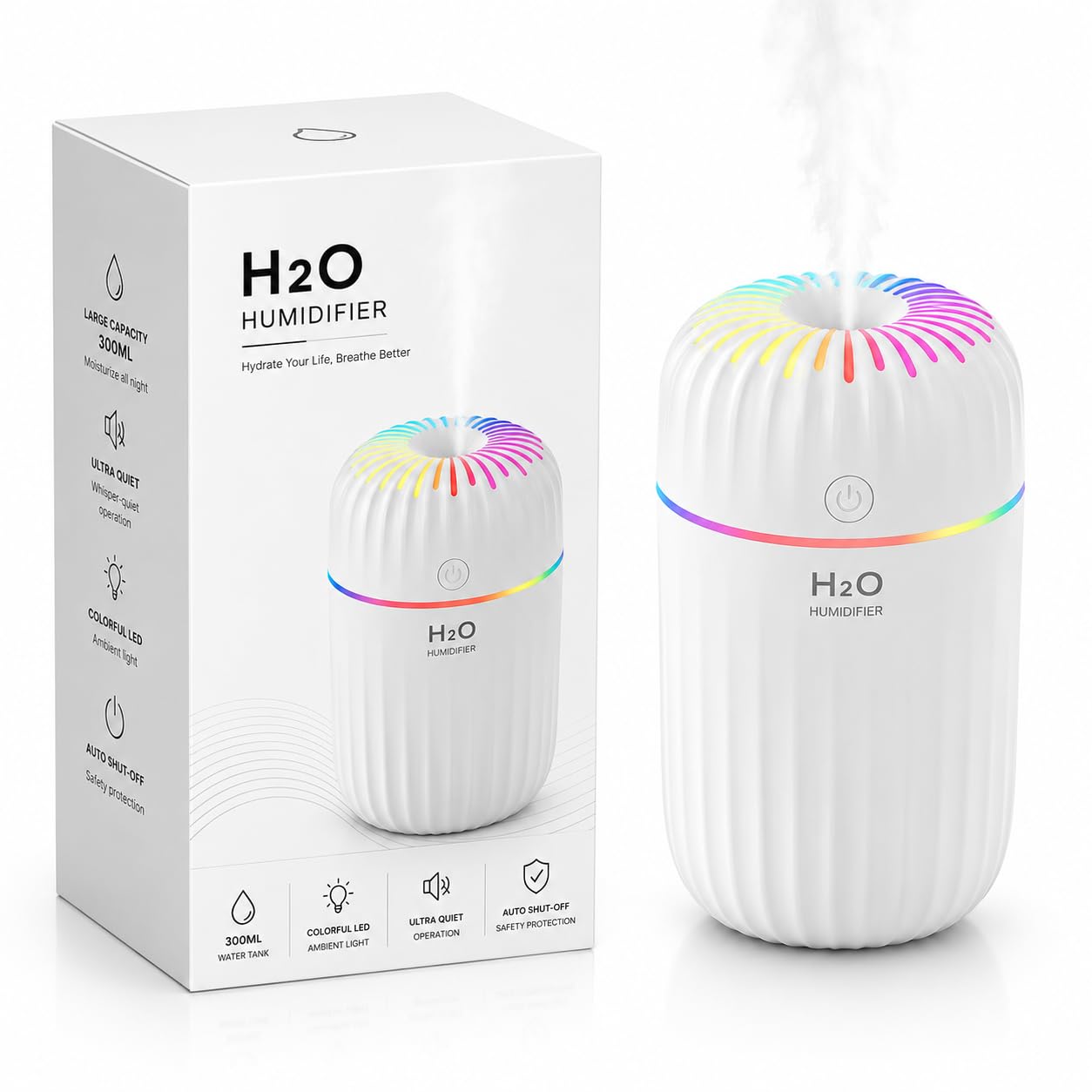 mini humidifier for bedroom, office and car, 300ml, with aroma diffuser, auto shut-off timer, colour changing night light and usb powered, white