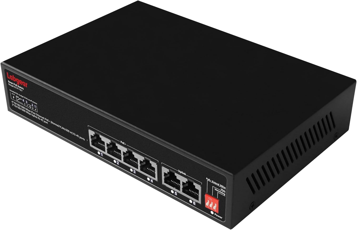 Labgear 6-Port Gigabit PoE Network Switch with multiple Ethernet cables connected, demonstrating Power Over Ethernet functionality.