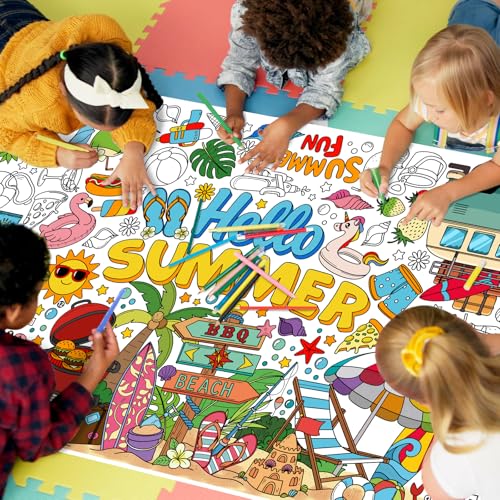 Image of Gatherfun Hello Summer coloring tablecloths, 31.5 x 72 Inch Beach Party Coloring Banner, Paper Table Cover for Summer School Party Supplies, Special Events Decoration, beach Party Decorations
