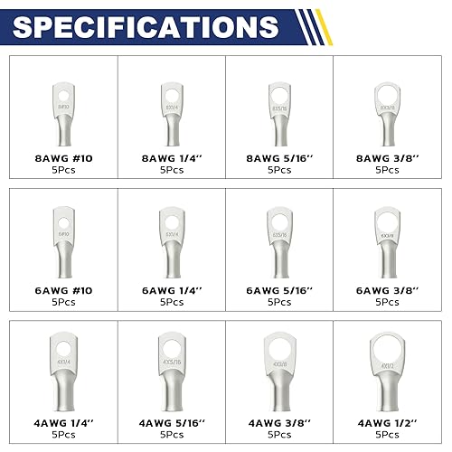 Miniatura 2 de haisstronica Kit de terminales de batería estañados de 60 unidades, AWG 8, 6, 4, de alta resistencia, terminales de anillo tubular, terminales de