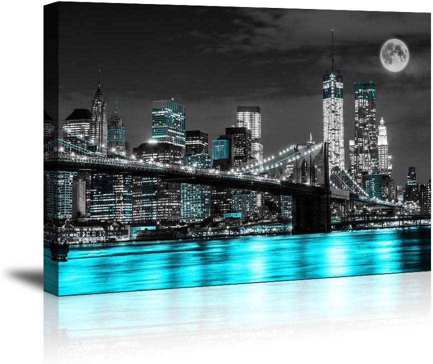 ZEYDRT canvas wall art blue sea New York Brooklyn bridge paintings Wall Art,Black and White Stretched wall art for bedroom artwork Canvas Art Prints, 12"x16"Wall Decor Painting bedroom Office, Ready