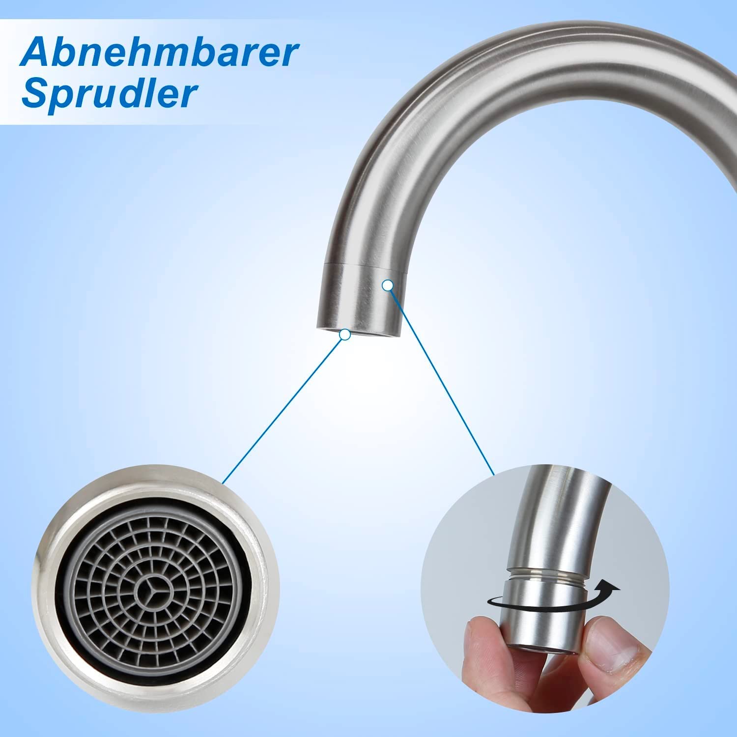 Grifo de cocina de acero inoxidable con caño C de 165 mm, grifo de baja presión, mezclador de agua caliente y fría, monomando para lavabo (cromado)