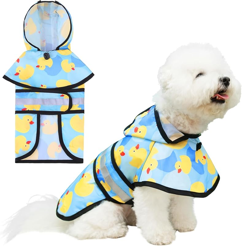 Capa de Chuva para Cães KOOLTAIL com Capuz, Faixa Refletiva e Abertura para Guia – Amarelo Pato, Tamanho Pequeno