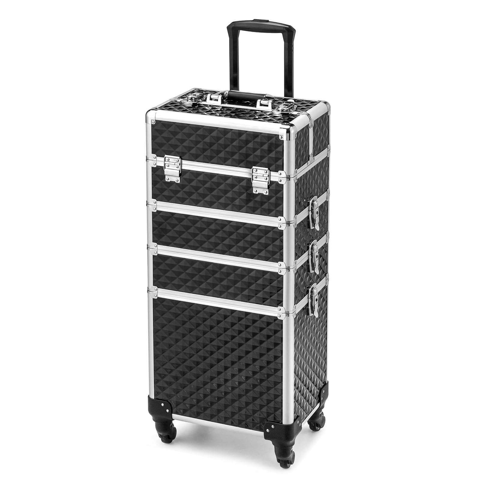 OmySalon 4-in-1 Rolling Makeup Train Case, Aluminum Cosmetic Trolley Beauty Stylist Artist Organizer Box w/ 4 Removable Wheels Lockable Keys(Diamond Black)