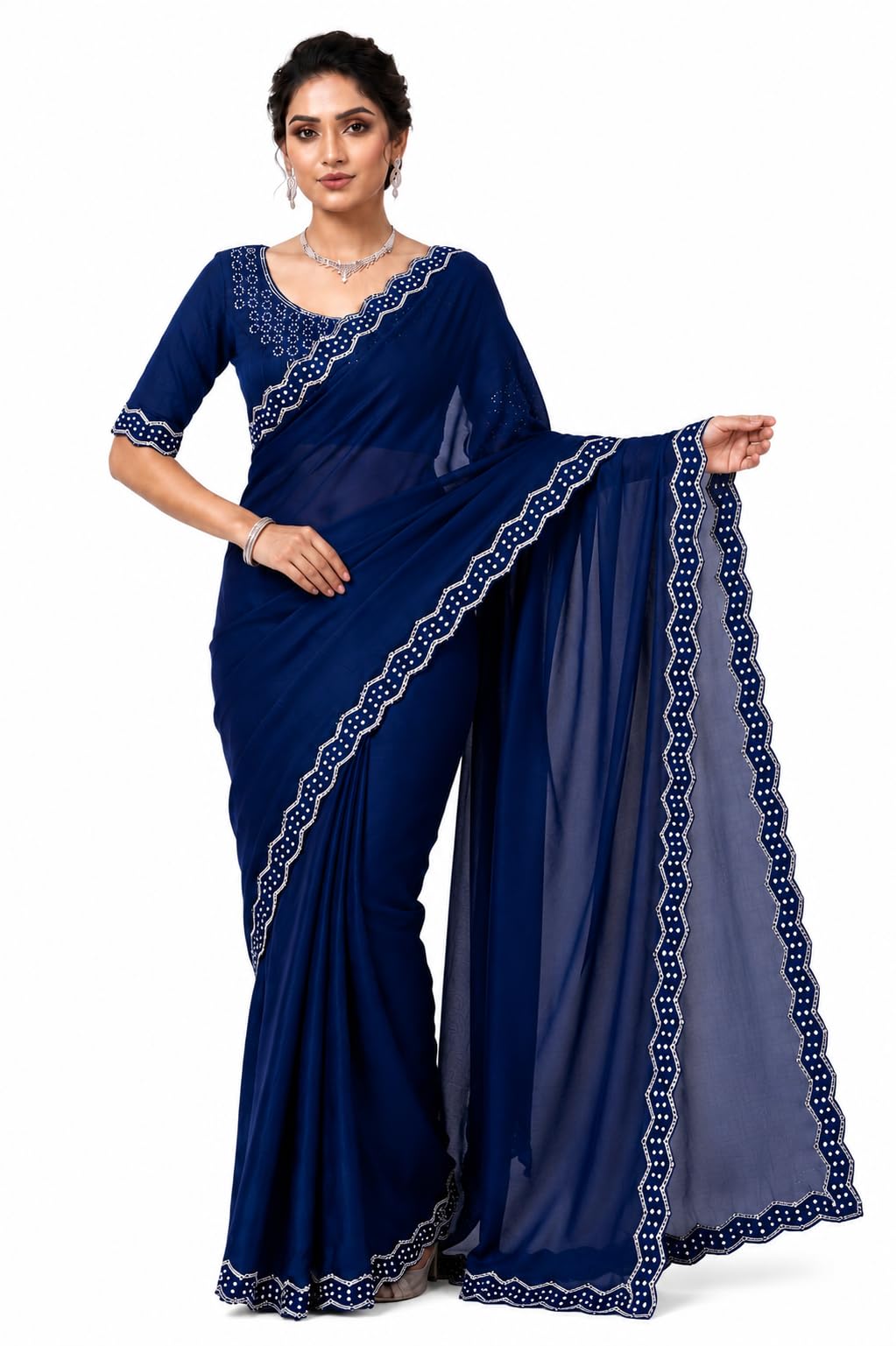 Women's Satin Chiffon Silk Saree with Designer Lace Border & Unstitched Blouse-picture-19
