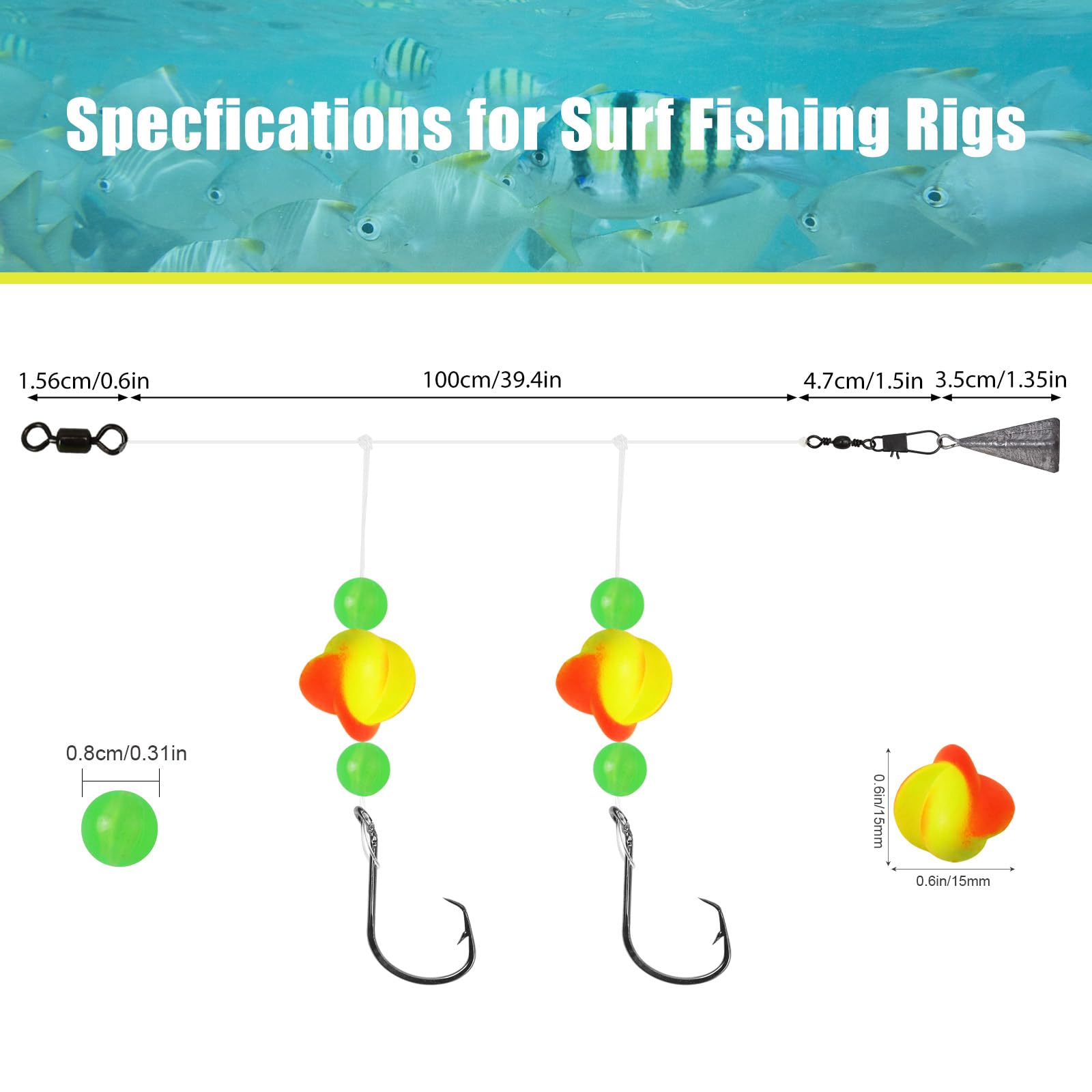 CWSDXM 6pcs Pompano Rigs Surf Fishing Rigs Pre-Tied Rigs Saltwater Fishing Rigs with Double Circle Hook and Pyramid Sinker