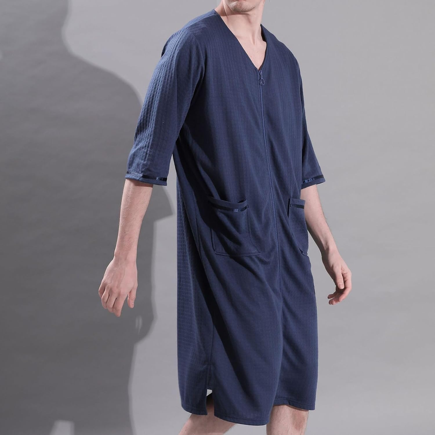Men's Summer House Coat V Neck Soft Zipper Robe Comfy Knee Length Lounge Sleeping