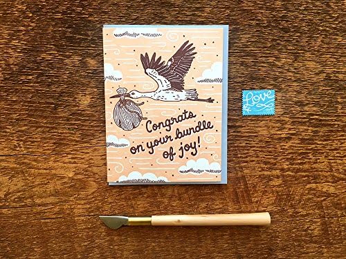 Congrats on Your Bundle of Joy, Stork Card, Baby Card, Letterpress Note Card, Blank Inside