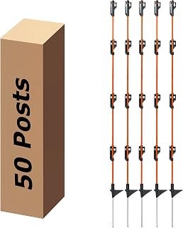 46 Inches Electric Fence Fiberglass Posts, 50 Pack Step in Electric Fence Post, Temporary Portable Fence Stakes for Livestock, Big Insulator, Orange
