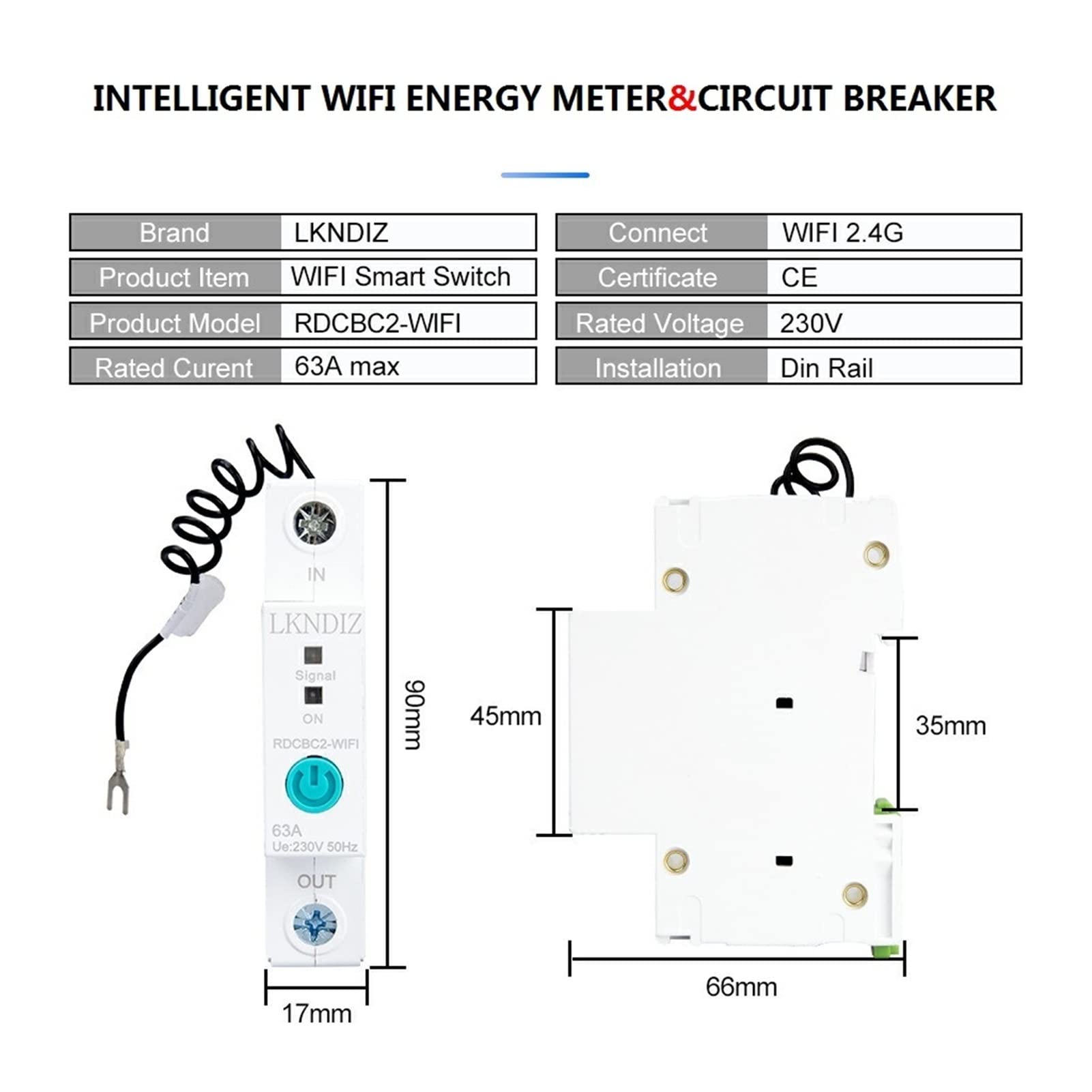 Monitor eEnergy 1P Szyna Din Jednofazowa WIFI Inteligentny Miernik Energii Pobór Mocy Miernik KWh Dla Inteligentnego Domowego Miernika Energii (Kolor: MAX PRĄDOWY 32A)