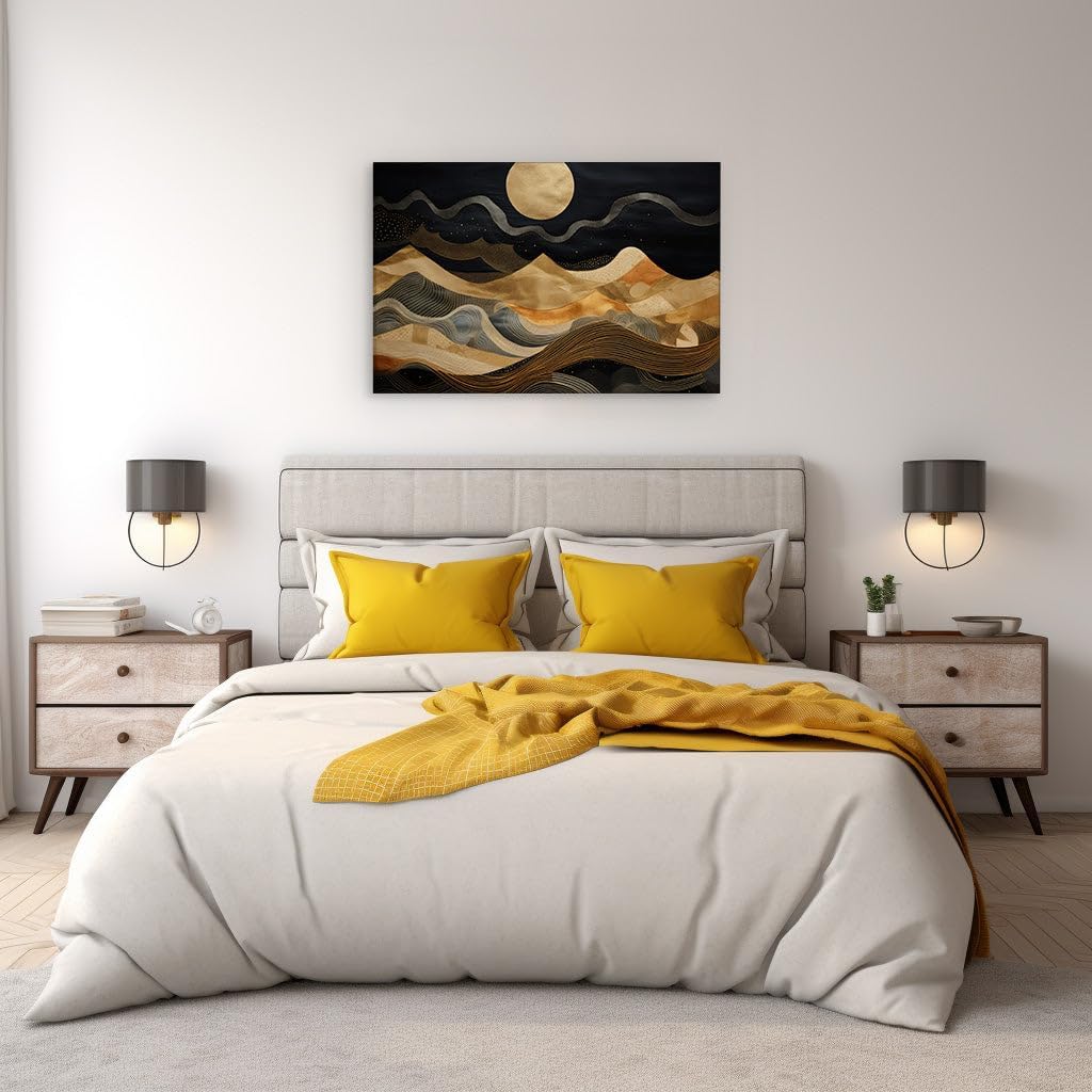 Canvas for Living Room. Lunar Brilliance Over Golden Terrains: A Journey Through Abstract Nightscapes, 27 x 18 inch Canvas Wall Art - Ready to Hang