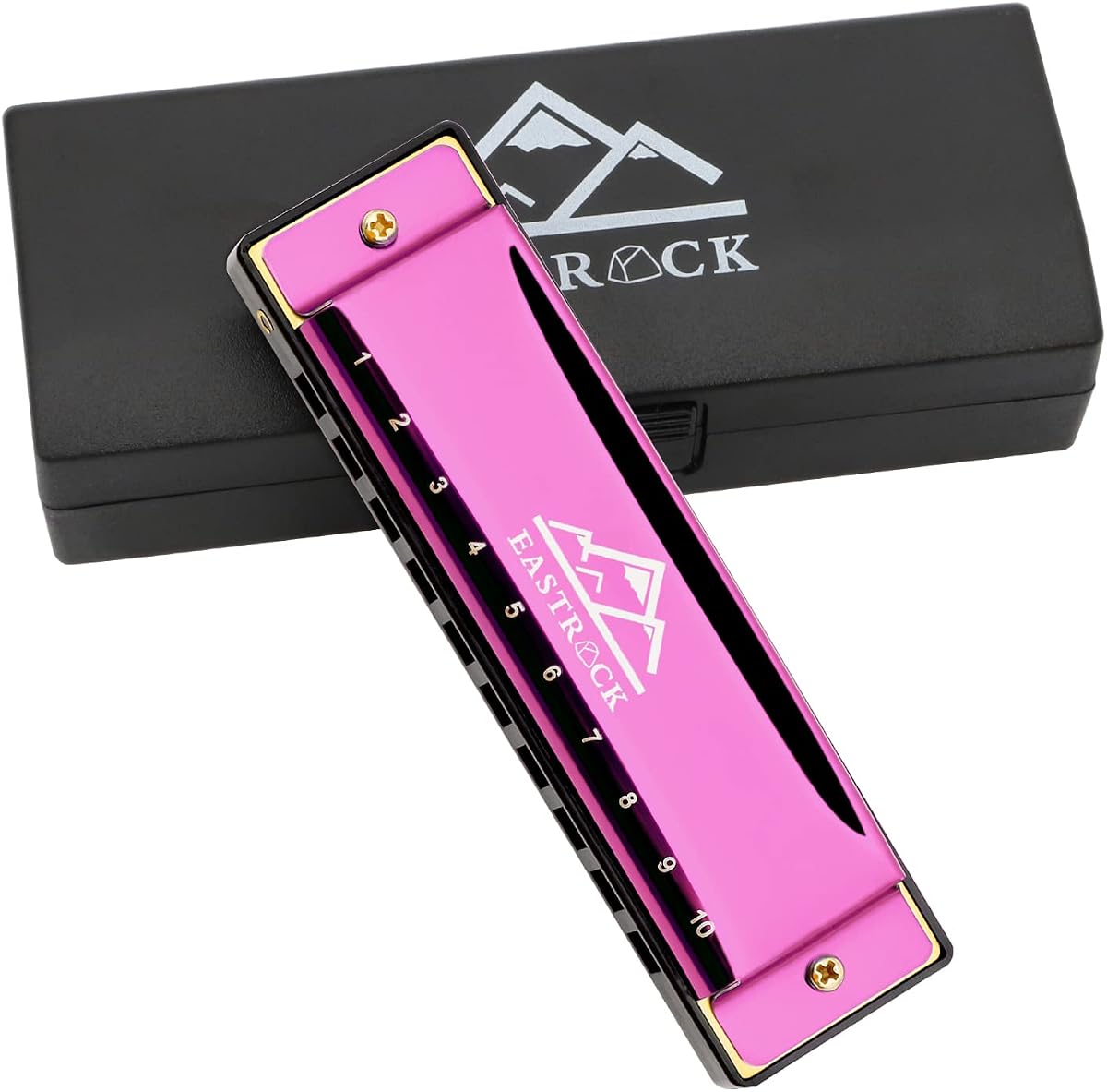 EastRock 10 Hole Blues Harmonica C Key Pink with Case for Adults Beginner | Diatonic Mouth Organ Phosphor Bronze Reeds and Metal Cover Plate for Professional Students Adult Friends Gift