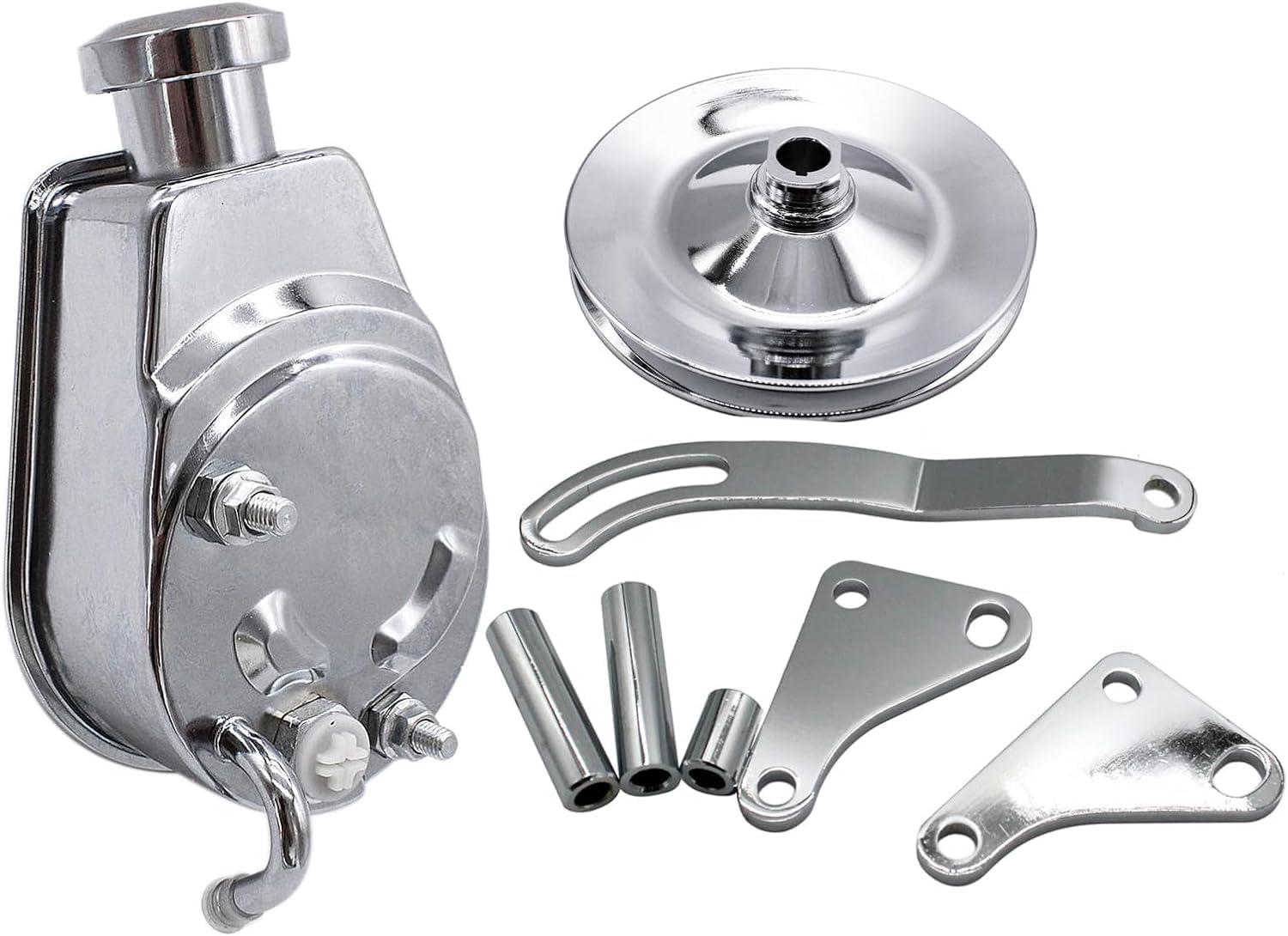 Chrome Power Steering Pump with pulley and Bracket Kit Compatible with Small Block Chevy Long Water Pump SBC 265 283 305 327 350 383 400 Engines Replace Keyway style 5/8"