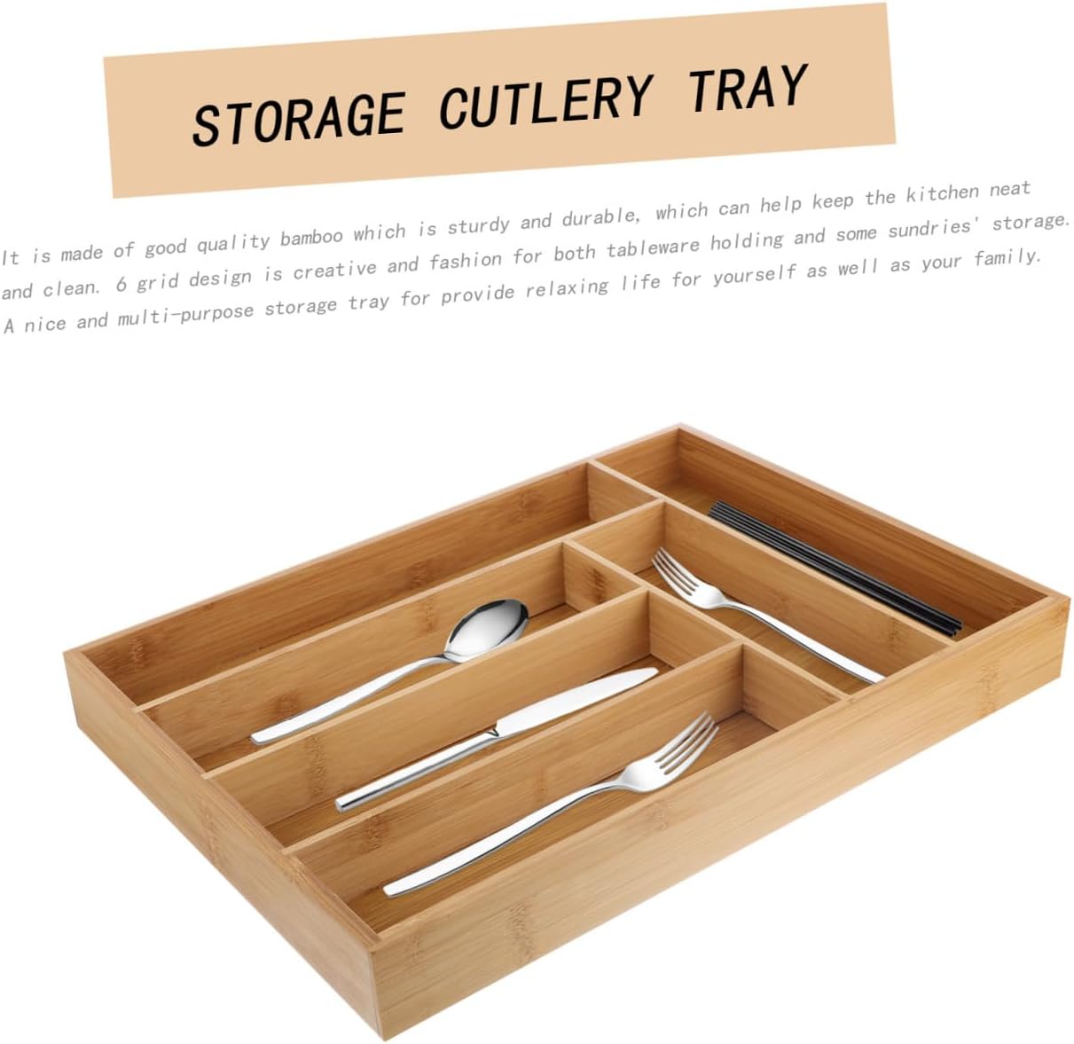Cutlery Tray Drawer Organizer with 6 Compartments Flatware Storage Box Kitchen Utensils Holder for Drawer Organization