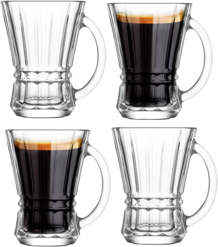 BOHEM'S Espresso Cups, 5 oz Clear Glass Coffee Mugs, Cappuccino Cups with Large Handle, Drinking Tea Glasses for hot and cold beverages, Latte, Mocha, Milk (Clear 4 Pack)