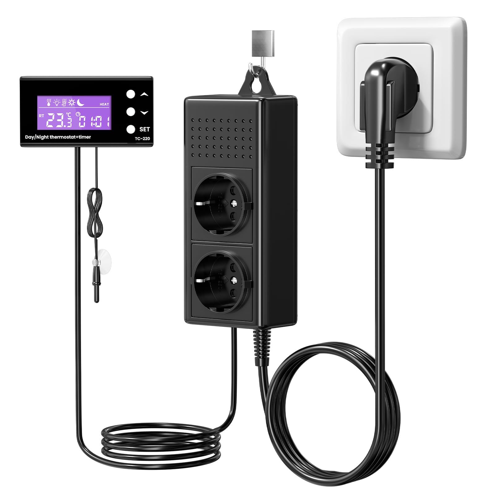 GlowUp Enchufe con Termostato, Termostato Digital para Reptiles Controlador de Temperatura con Temporizador, Regulador de Temperatura de Calefacción/Refrigeración para Acuario, Invernadero, Reptil