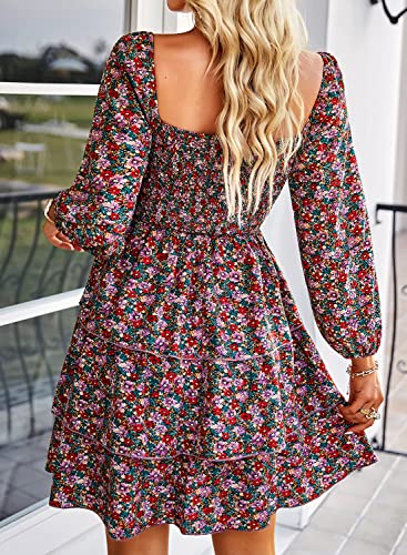 Btfbm Women 2023 Spring Summer Square Neck Smocked Dresses Long Sleeve Floral Swiss Dot Ruffle Party Mini Babydoll Dress(Floral Red Pink, Large) #TOP4