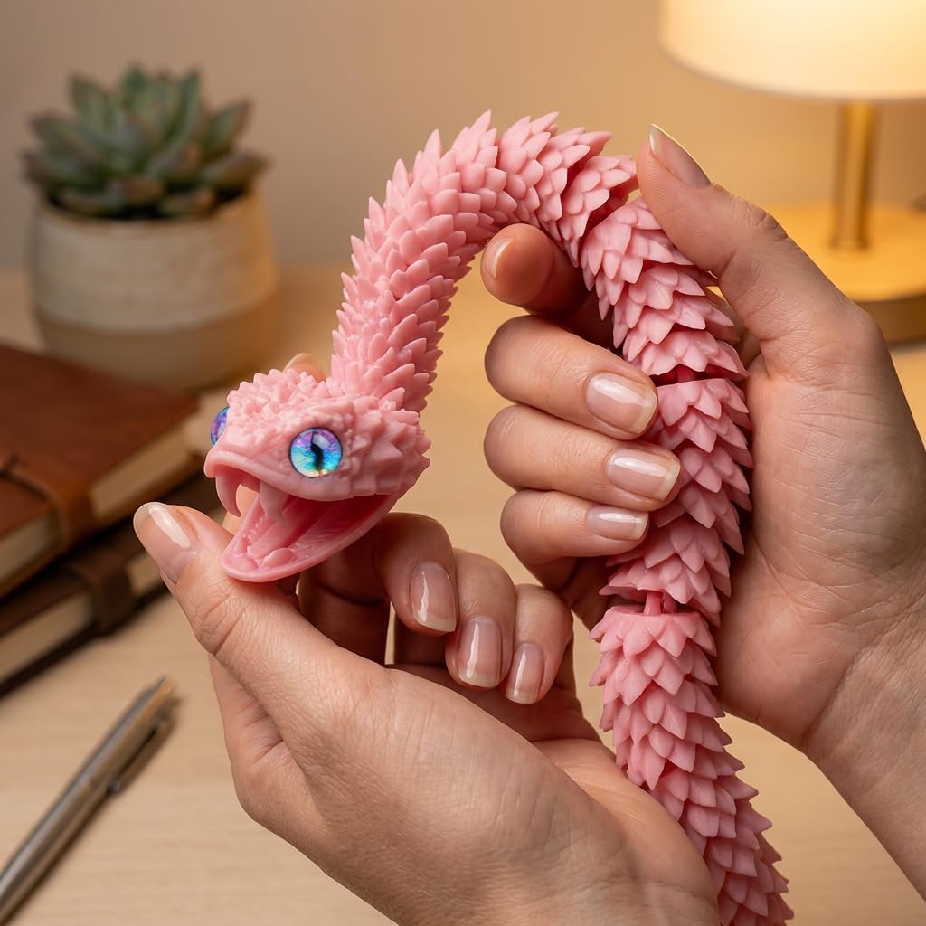 3D Printed Pink Viper Snake, 23" Glow in the Dark Articulated Snake Sculpture with Movable Jaw & Fangs, PLA Desk Decor for Display Shelves & Adult Collectors