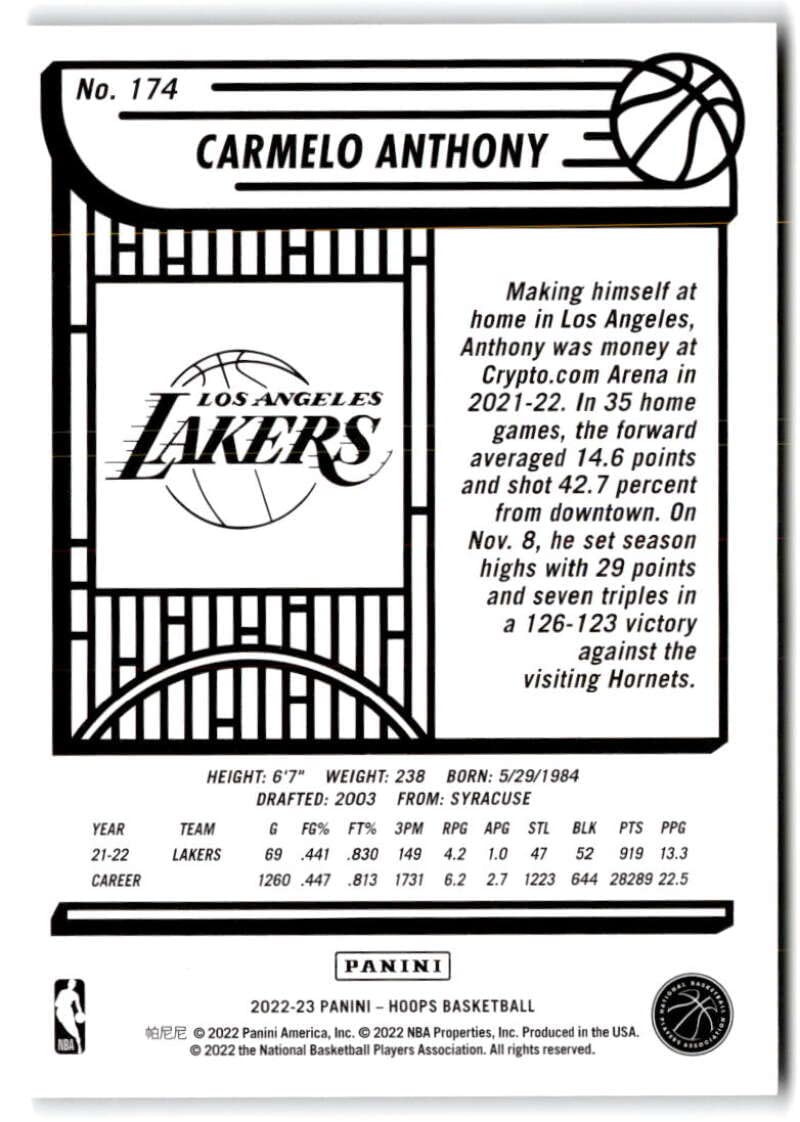 Amazon.com: 2022-23 Panini Hoops #174 Carmelo Anthony Los Angeles Lakers  Basketball Trading Card : Collectibles & Fine Art