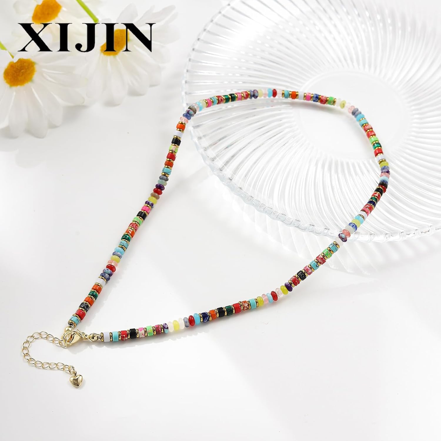 XIJIN Natural Stone Bead Necklace for Women Handmade Boho Multicolor Beaded Choker Necklace Gift for Her - Image 5