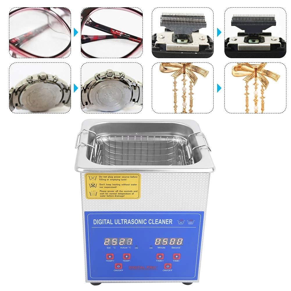 Limpiador ultrasónico, limpiador ultrasónico de pantalla digital con temporizador digital para joyas gafas relojes monedas, ultrasónico baño dispositivo de acero inoxidable (2L)