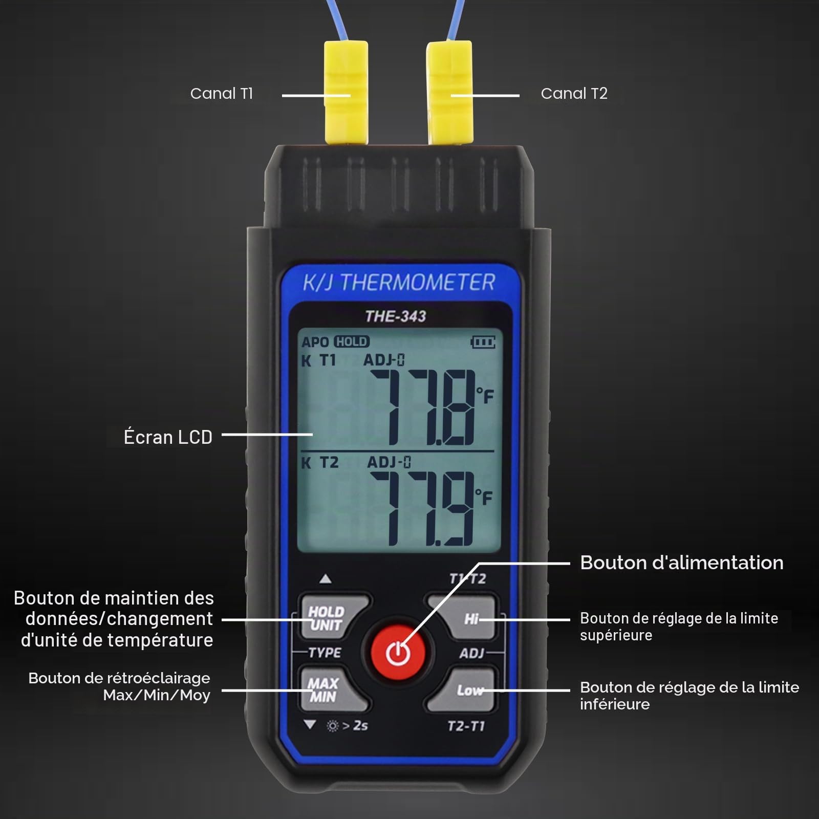 Thermomètre à Thermocouple Numérique de Type K/J avec Thermocouple de Type 4 K, CVC avec Alarme et Compensation d'Ajustement, Thermomètre -200°C to 1372°C Plage de Mesure