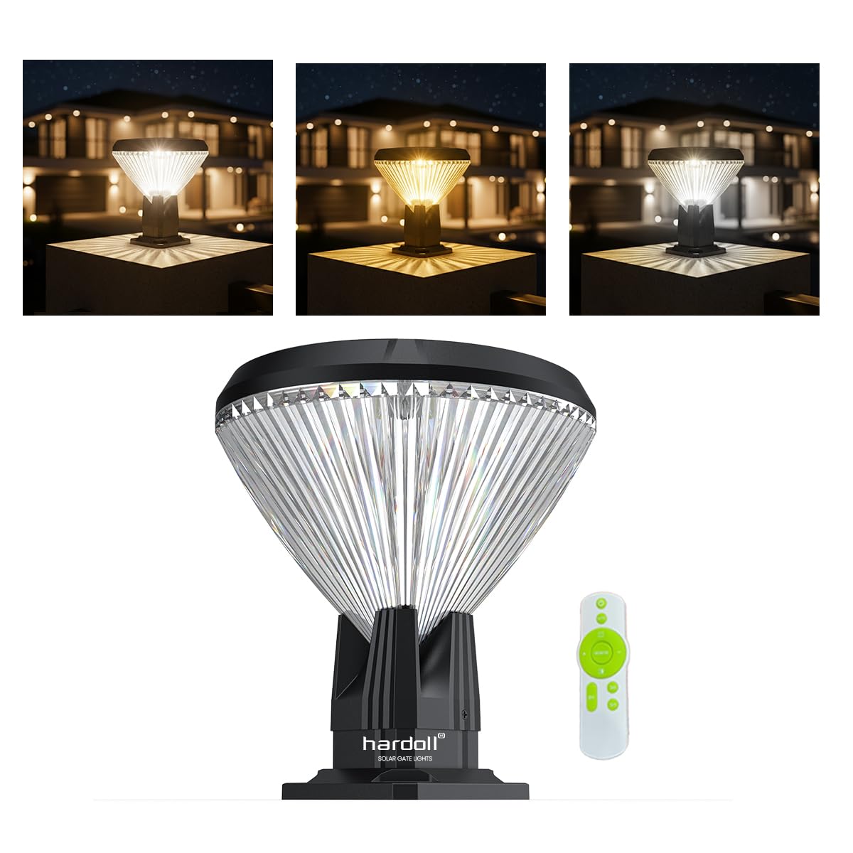 hardoll Solar Gate & Garden Outdoor Lights for Home 8800mAh Battery, IP65 Waterproof, 64 LEDs, 3 Color Modes (Warm/Cool/Neutral), Remote Controlled, Round Shaped Pillar Lamps (Pack of 1)